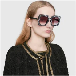 Gucci - Square Acetate Sunglasses with Crystals - Black - Gucci Eyewear - Avvenice