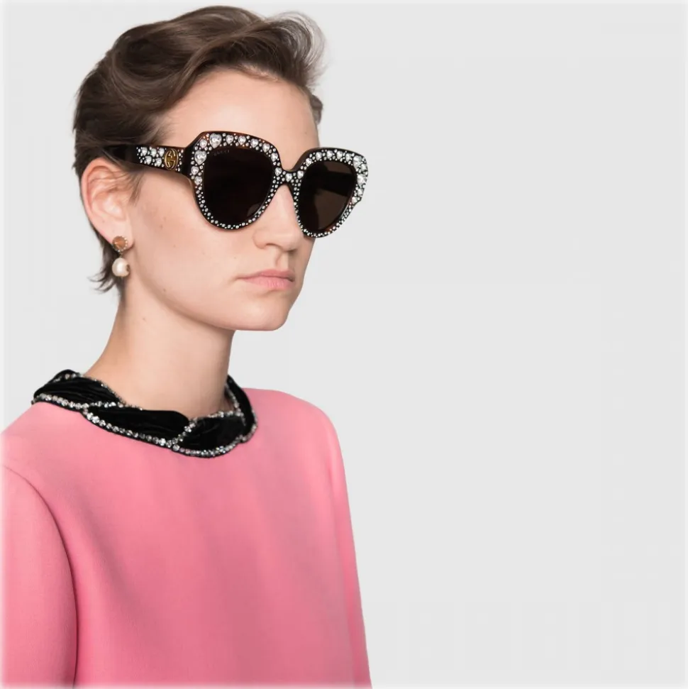 Gucci - Square Frame Acetate Sunglasses with Heart Crystalss -Tortoiseshell Acetate - Gucci Eyewear - Avvenice