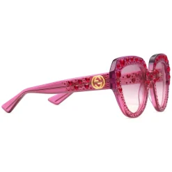 Gucci - Square Frame Acetate Sunglasses with Heart Crystalss -Transparent Fuchsia Acetate - Gucci Eyewear - Avvenice