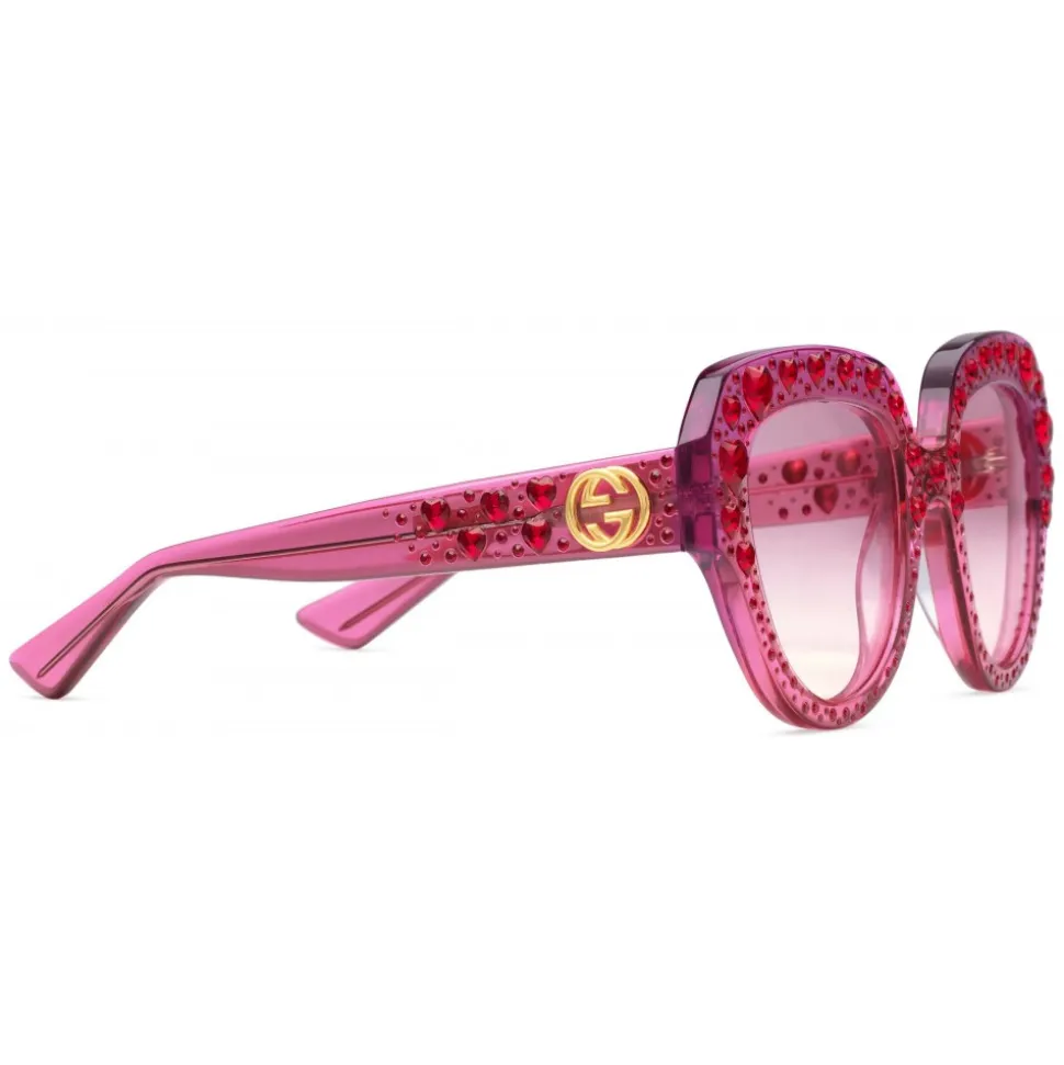 Gucci - Square Frame Acetate Sunglasses with Heart Crystalss -Transparent Fuchsia Acetate - Gucci Eyewear - Avvenice