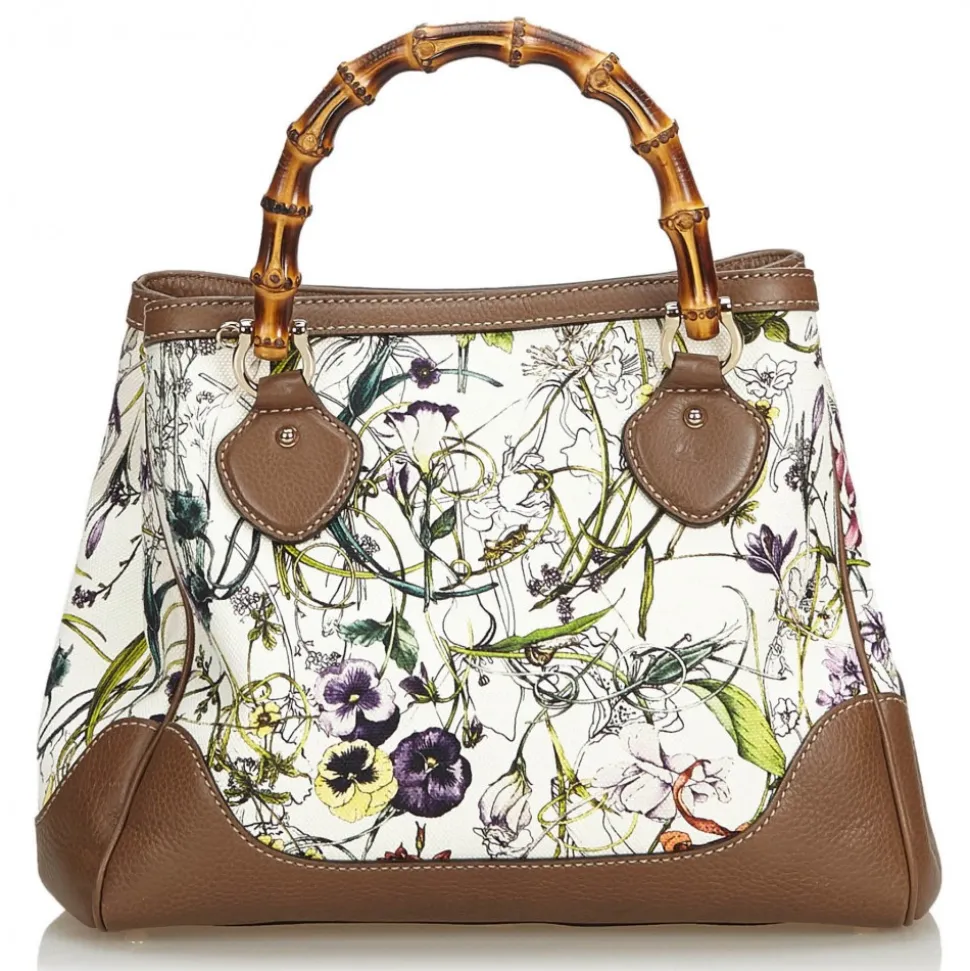 Gucci Vintage - Bamboo Canvas Flora Diana Satchel Bag - White - Leather Handbag - Luxury High Quality - Avvenice