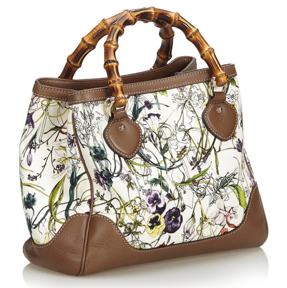 Gucci Vintage - Bamboo Canvas Flora Diana Satchel Bag - White - Leather Handbag - Luxury High Quality - Avvenice