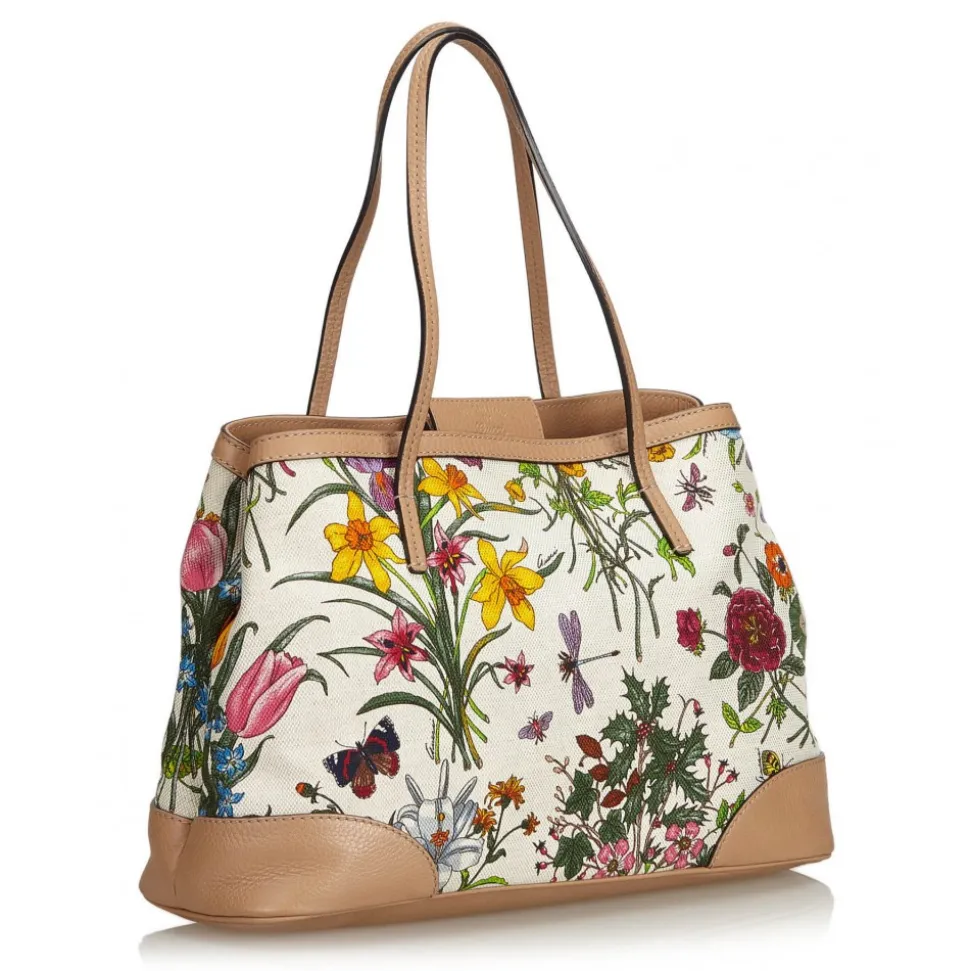 Gucci Vintage - Canvas Floral Tote Bag - White - Leather Handbag - Luxury High Quality - Avvenice