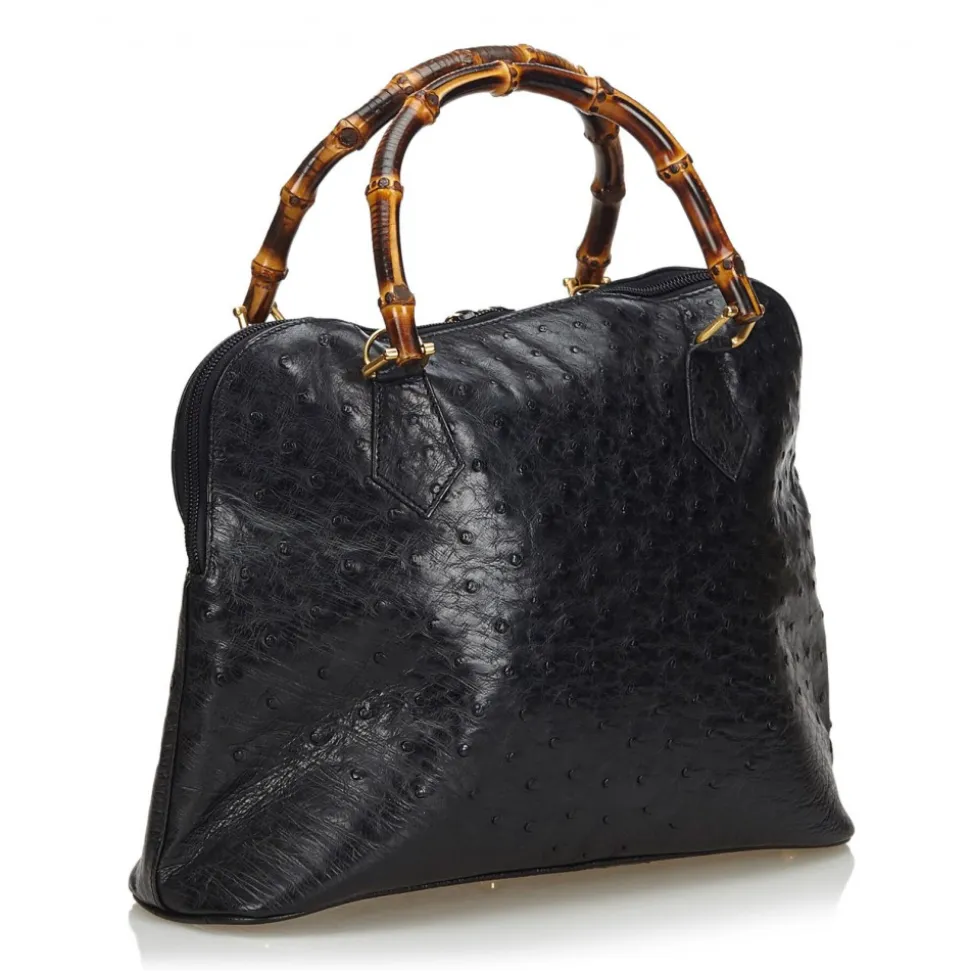 Gucci Vintage - Ostrich Bamboo Satchel Bag - Black - Leather Handbag - Luxury High Quality - Avvenice