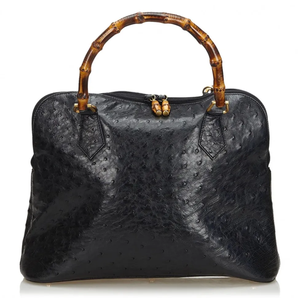 Gucci Vintage - Ostrich Bamboo Satchel Bag - Black - Leather Handbag - Luxury High Quality - Avvenice