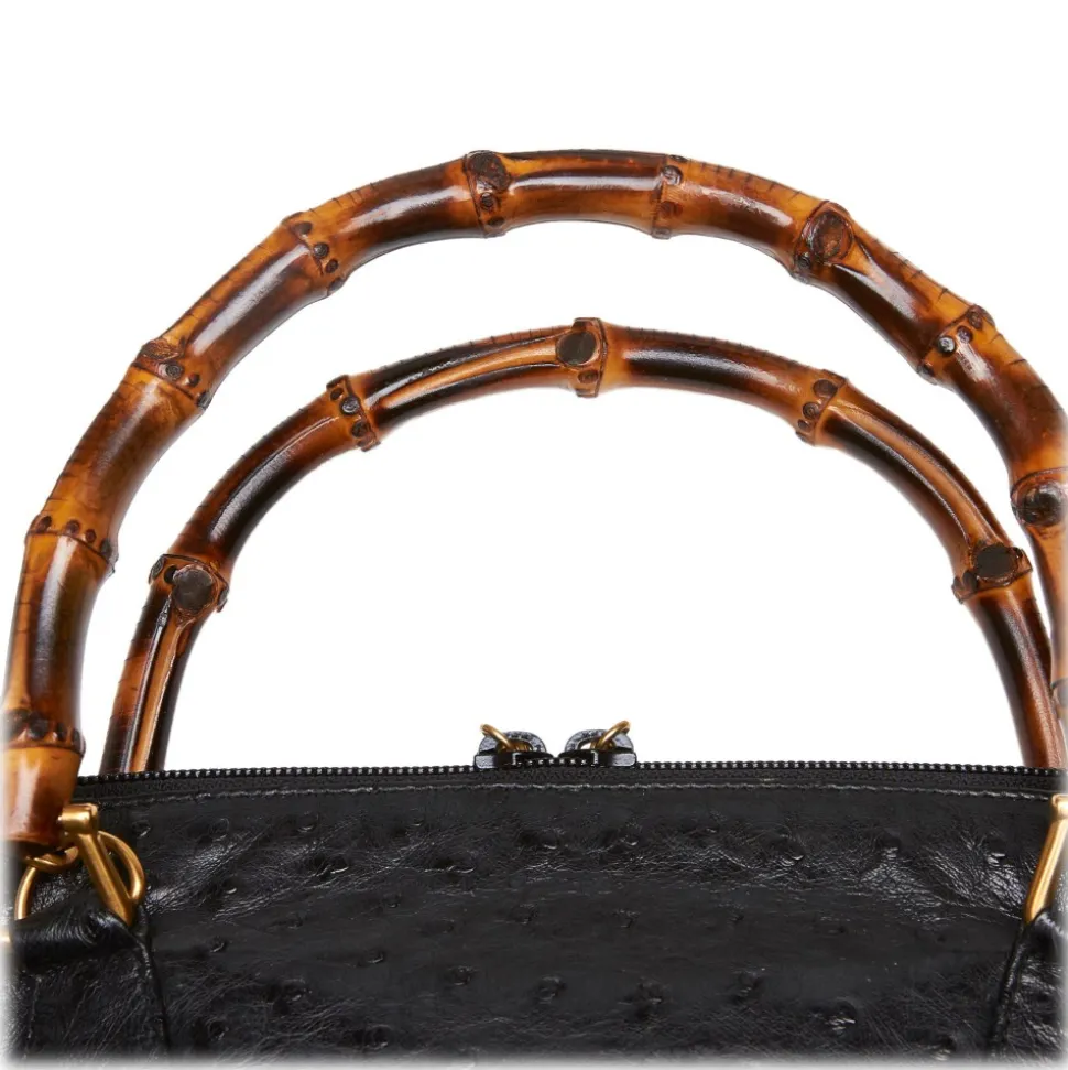 Gucci Vintage - Ostrich Bamboo Satchel Bag - Black - Leather Handbag - Luxury High Quality - Avvenice
