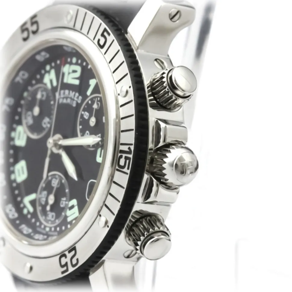 Hermès Vintage - Clipper Diver Chronograph Quartz Womens Watch - Black Silver - Stainless Steel Watch - Luxury High Quality - Avvenice