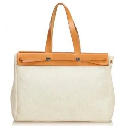 Hermès Vintage - Herbag Cabas MM Bag - Ivory Brown White - Leather and Canvas Handbag - Luxury High Quality - Avvenice