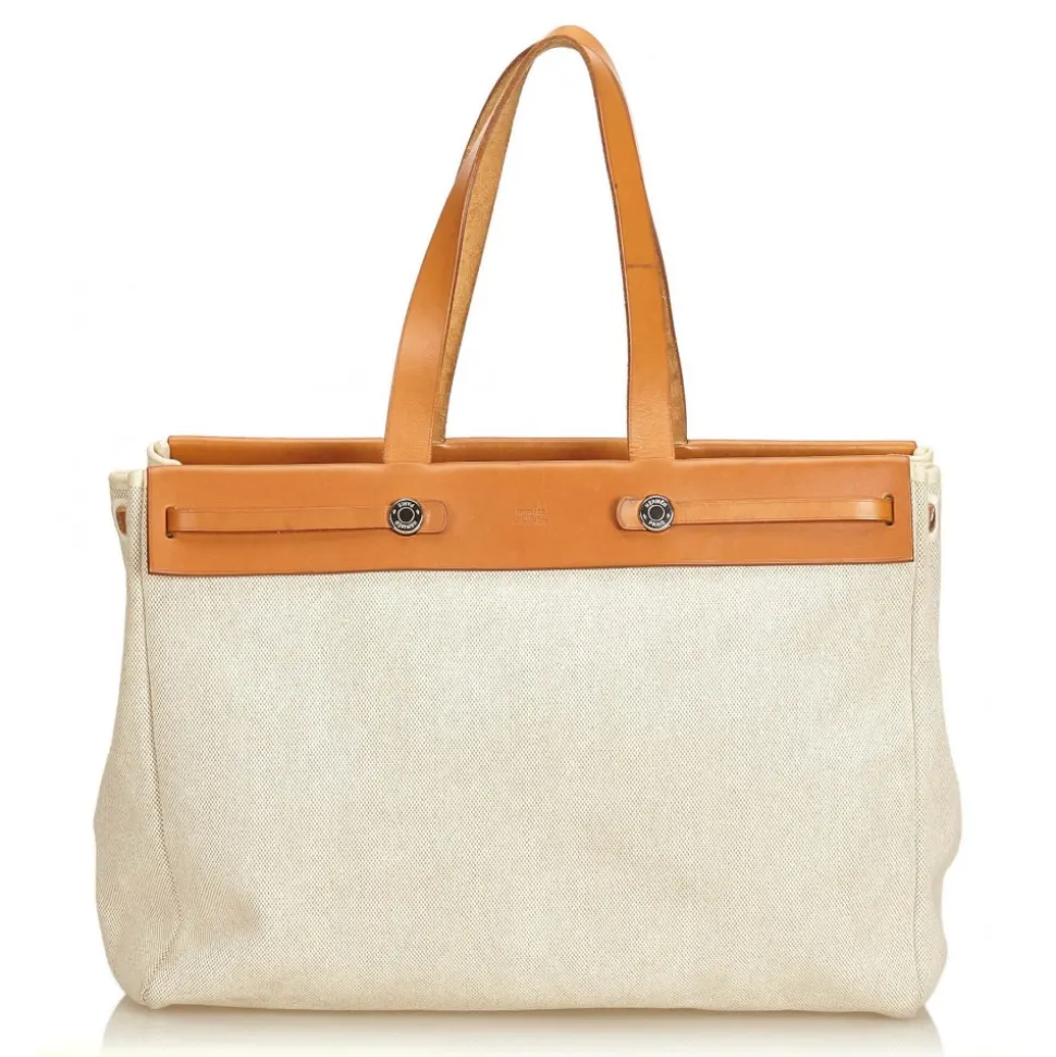 Hermès Vintage - Herbag Cabas MM Bag - Ivory Brown White - Leather and Canvas Handbag - Luxury High Quality - Avvenice