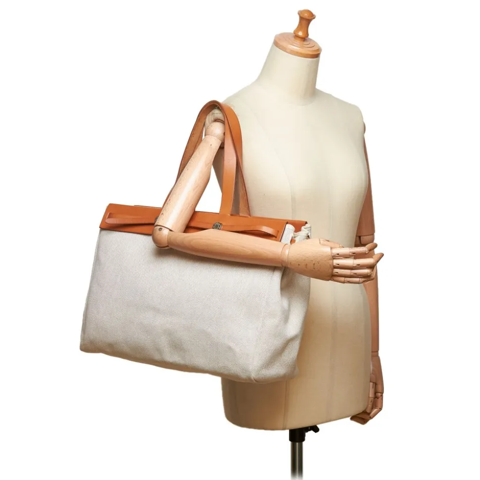 Hermès Vintage - Herbag Cabas MM Bag - Ivory Brown White - Leather and Canvas Handbag - Luxury High Quality - Avvenice