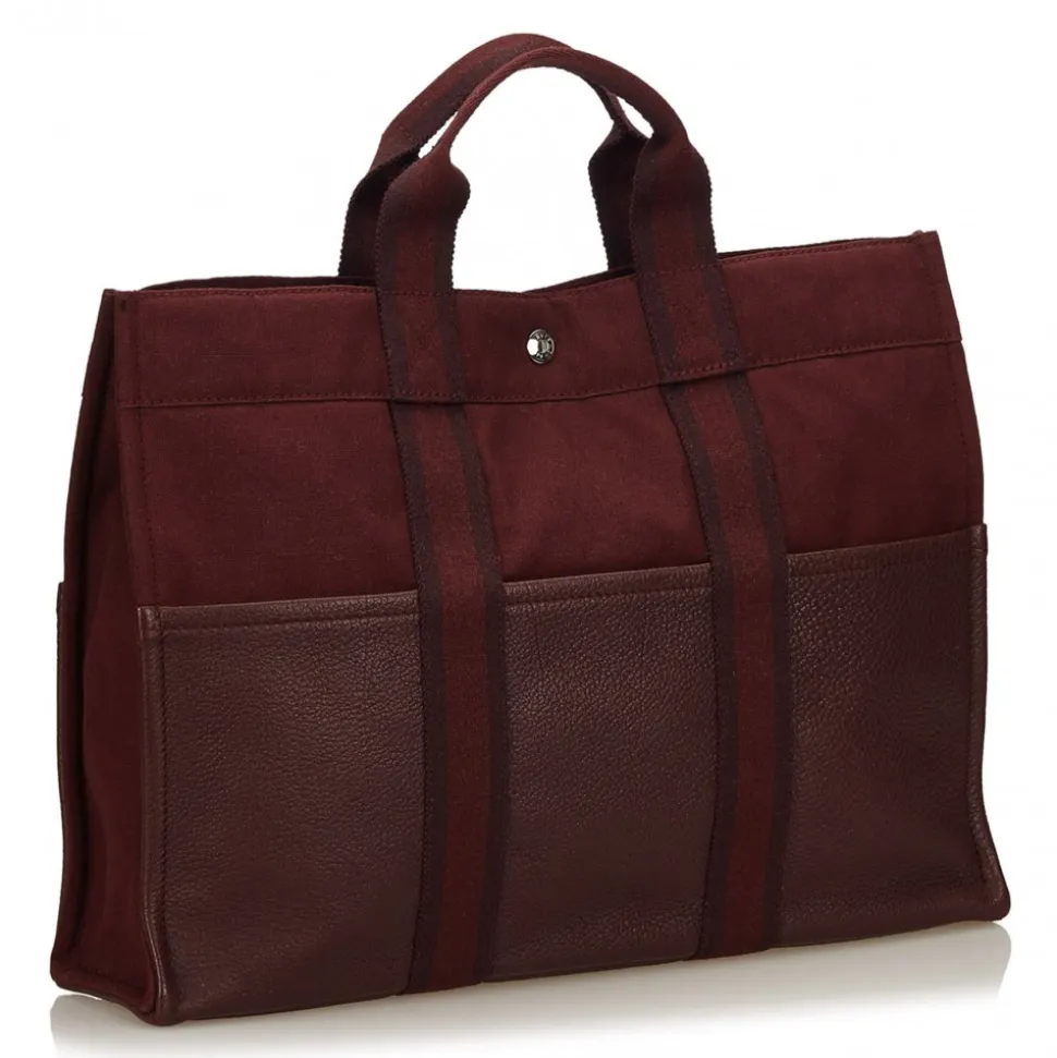 Hermès Vintage - Leather Base Fourre Tout MM Bag - Red Bordeaux Brown - Leather and Canvas Handbag - Luxury High Quality - Avvenice