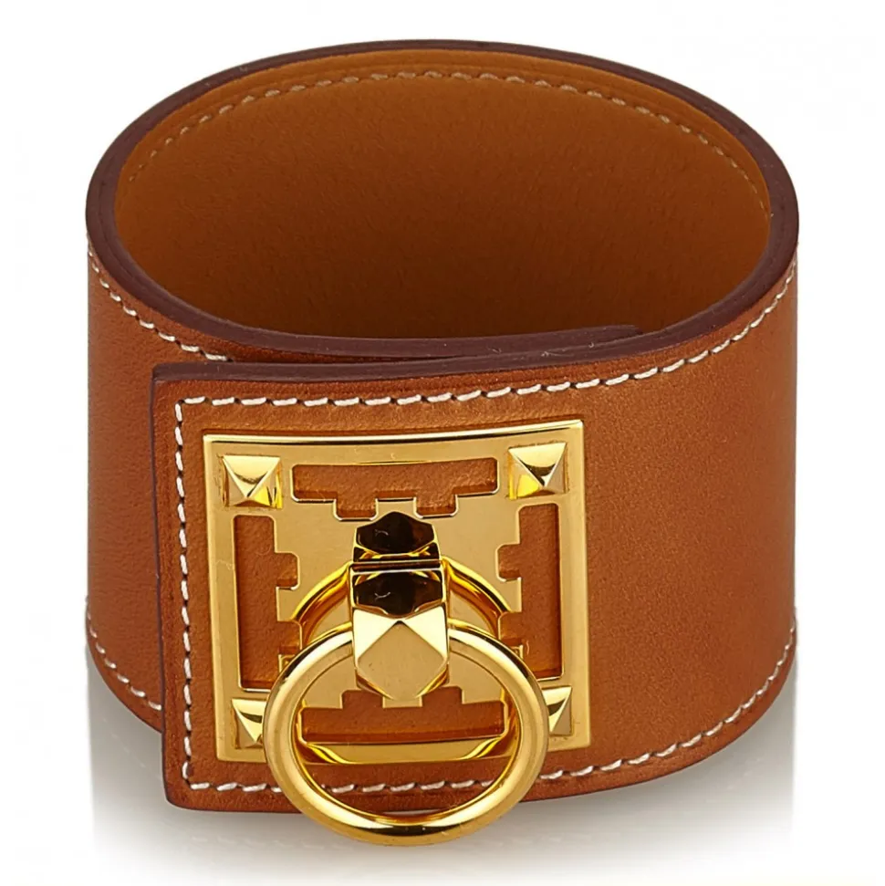 Hermès Vintage - Leather Creneau Cuff - Brown Light Brown Gold - Leather Bracelet - Luxury High Quality - Avvenice