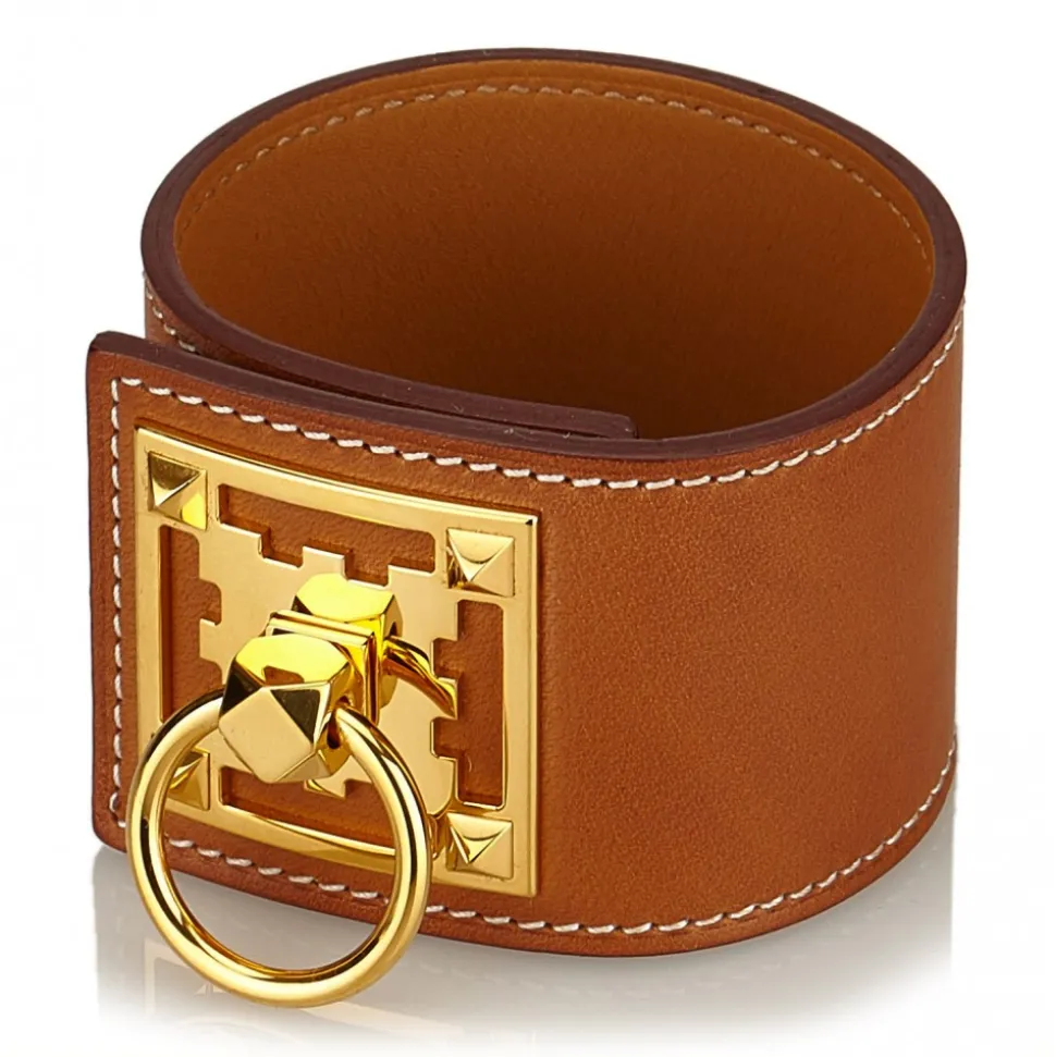 Hermès Vintage - Leather Creneau Cuff - Brown Light Brown Gold - Leather Bracelet - Luxury High Quality - Avvenice