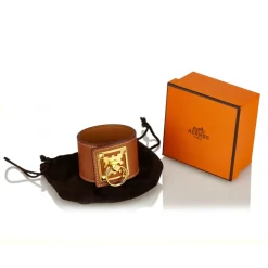 Hermès Vintage - Leather Creneau Cuff - Brown Light Brown Gold - Leather Bracelet - Luxury High Quality - Avvenice