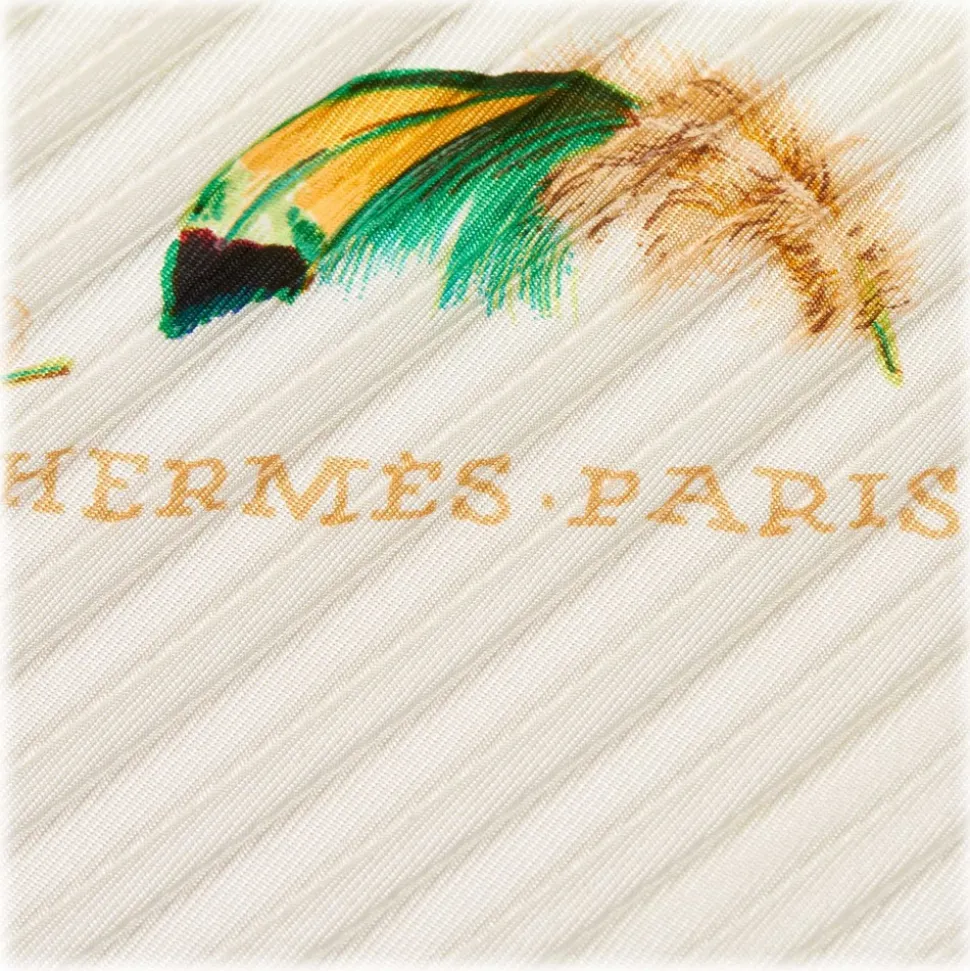 Hermès Vintage - Les Plumes Silk Scarf - White Multi - Silk Foulard - Luxury High Quality - Avvenice