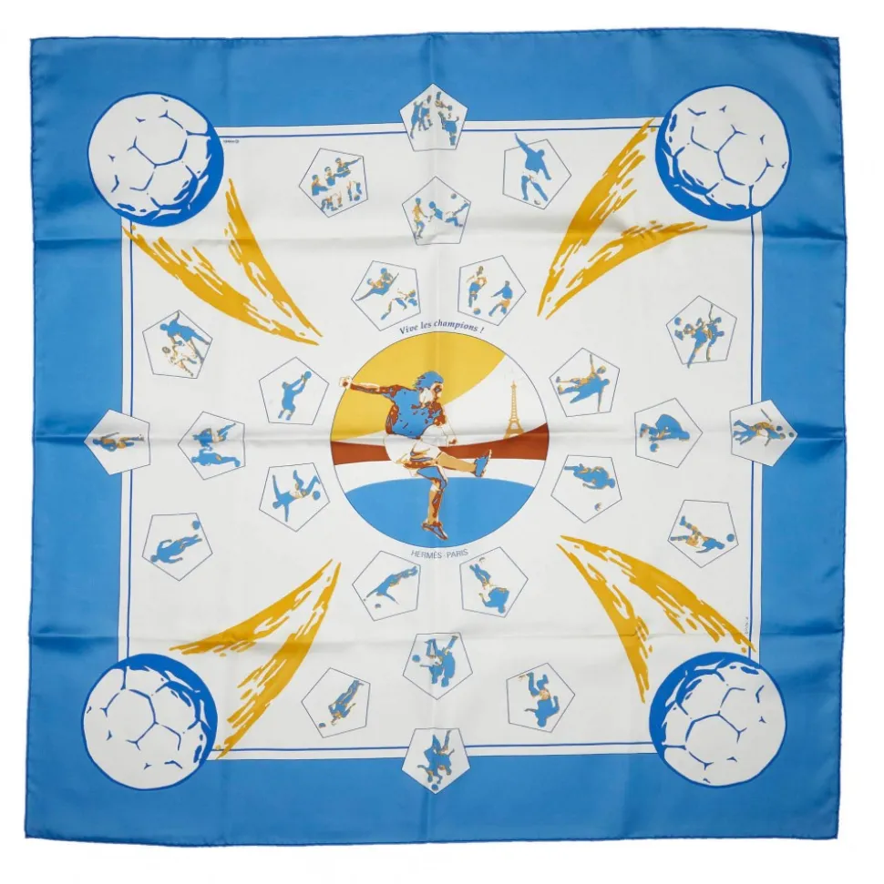 Hermès Vintage - Vive Les Champions Scarf - Light Blue Multi - Silk Foulard - Luxury High Quality - Avvenice