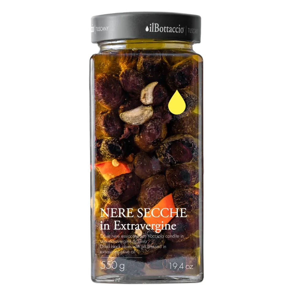 Il Bottaccio - Dried Black Olives Dressed in Extra Virgin Olive Oil - Italian - High Quality - 550 gr - Avvenice