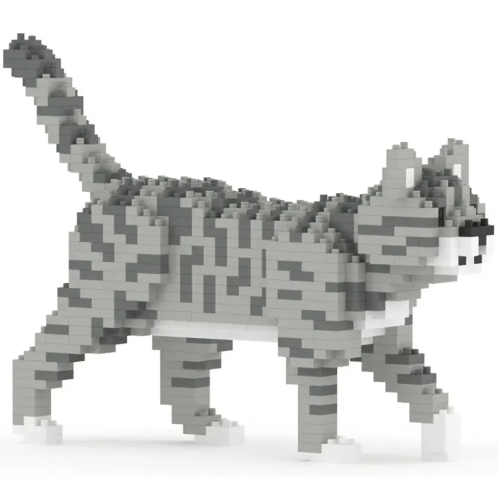 Jekca - Grey Tabby Cat Mini 01 - Lego - Sculpture - Construction - 4D - Brick Animals - Toys - Avvenice