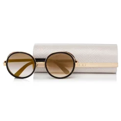 Jimmy Choo - Andie - Black Acetate Round Framed Sunglasses with Leapard Cavallino Leather Detailing - Jimmy Choo Eyewear - Avvenice