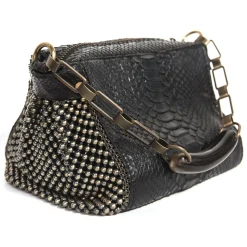 Laura B - Bauletto Bag - Leather and Mesh Bag - Python - Black Dorè - Strap Bag - Luxury High Quality Bag - Avvenice