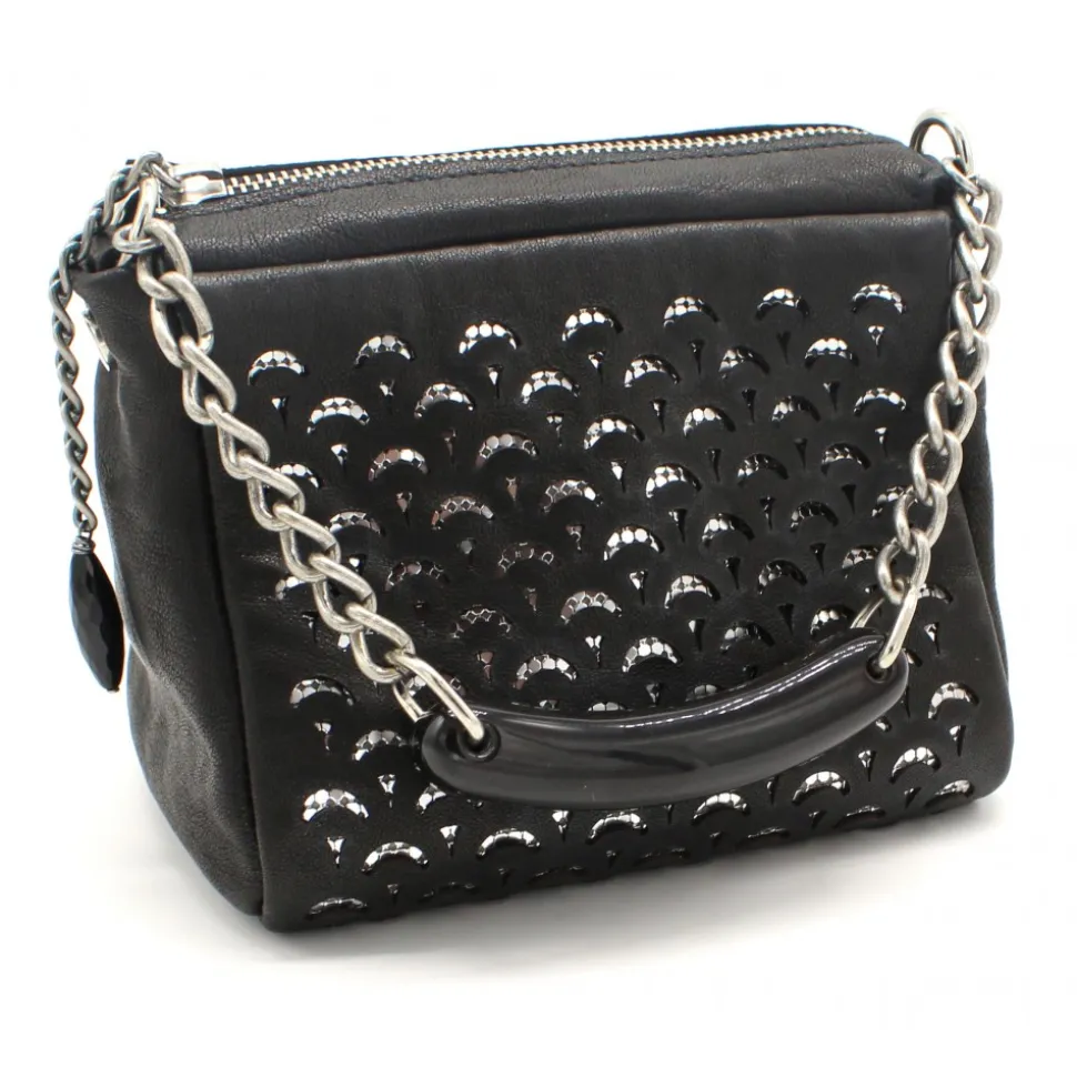 Laura B - Jaipur Bauletto Mini - Leather and Mesh Bag - Black - Strap Bag - Luxury High Quality Bag - Avvenice