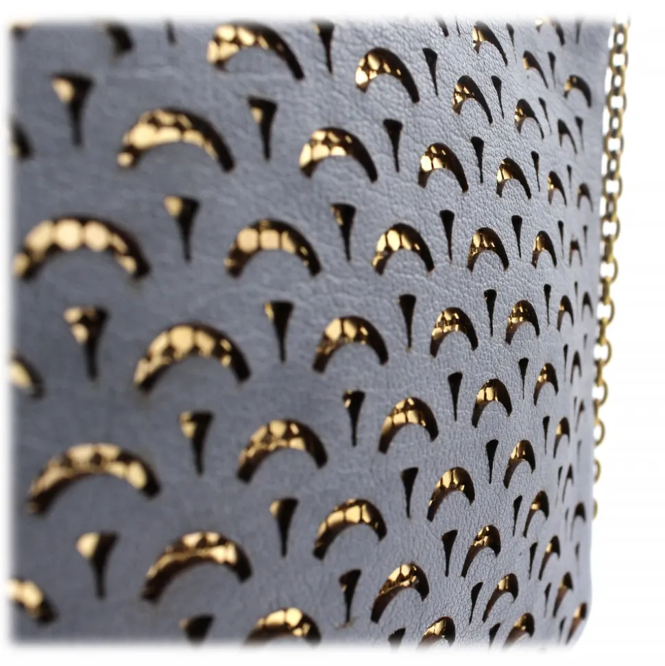 Laura B - Jaipur Disco Bag - Leather and Mesh Bag - Gray - Strap Bag - Luxury High Quality Bag - Avvenice