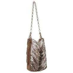 Laura B - Line Box Disco Bag - Leather and Mesh Bag - Bronze - Strap Bag - Luxury High Quality Bag - Avvenice