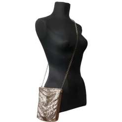 Laura B - Line Box Disco Bag - Leather and Mesh Bag - Bronze - Strap Bag - Luxury High Quality Bag - Avvenice