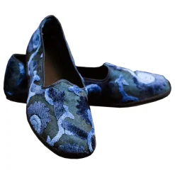 Nicolao Atelier - Furlana Slipper Venezia in Velvet and Damask - Blue Black - Shoe - Made in Italy - Luxury Exclusive Collection - Avvenice