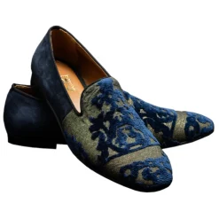Nicolao Atelier - Silk Velvet Slipper Shoe - Blue Gold Man - Shoe - Made in Italy - Luxury Exclusive Collection - Avvenice