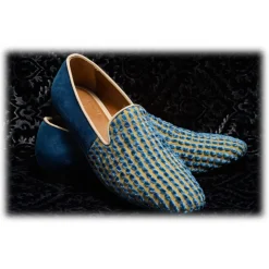 Nicolao Atelier - Silk Velvet Slipper Shoe - Light Blue Gold Man - Shoe - Made in Italy - Luxury Exclusive Collection - Avvenice