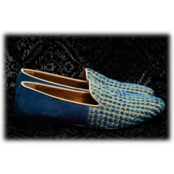 Nicolao Atelier - Silk Velvet Slipper Shoe - Light Blue Gold Man - Shoe - Made in Italy - Luxury Exclusive Collection - Avvenice