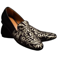 Nicolao Atelier - Slipper Shoe - Black Silk with Gold Pattern Man - Shoe - Made in Italy - Luxury Exclusive Collection - Avvenice