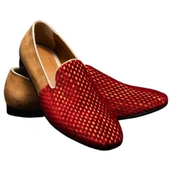 Nicolao Atelier - Velvet Slipper Sock - Red Color with Check Pattern Man - Shoe - Made in Italy - Luxury Exclusive Collection - Avvenice