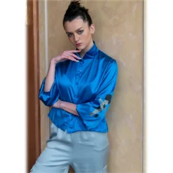 Paelì Couture - Hand Painted Pure Italian Silk Shirt - Blue - Shirt - Made in Italy - Luxury Exclusive Collection - Avvenice