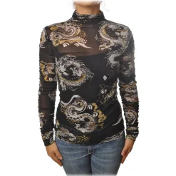 Patrizia Pepe - Long-Sleeve T-Shirt Tulle Model Pattern - Black/Dragon - T-shirt - Made in Italy - Luxury Exclusive Collection - Avvenice