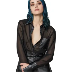 Patrizia Pepe - Transparent Shirt with Faux Leather Details - Black - Shirt - Made in Italy - Luxury Exclusive Collection - Avvenice