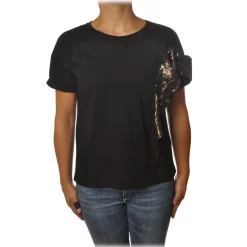 Patrizia Pepe - T-shirt Crew-neck Model with Ruffles of Sequins - Black - T-shirt - Made in Italy - Luxury Exclusive Collection - Avvenice