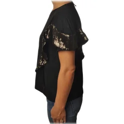 Patrizia Pepe - T-shirt Crew-neck Model with Ruffles of Sequins - Black - T-shirt - Made in Italy - Luxury Exclusive Collection - Avvenice