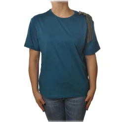 Patrizia Pepe - T-shirt Round-Neck Model Brooch Detail - Petrol Blue - T-shirt - Made in Italy - Luxury Exclusive Collection - Avvenice