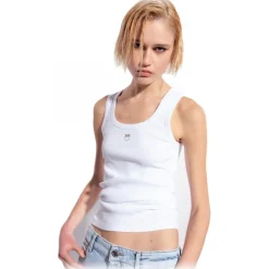 Pinko - Cannetè Cotton Tank Top with Logo - White - Top - Made in Italy - Luxury Exclusive Collection - Avvenice