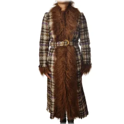 Pinko - Long Coat Orario with Fur - Brown/Purple - Jacket - Made in Italy - Luxury Exclusive Collection - Avvenice