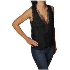 Pinko - Top Esagerato with Lace in Flower Pattern - Black - Top - Made in Italy - Luxury Exclusive Collection - Avvenice