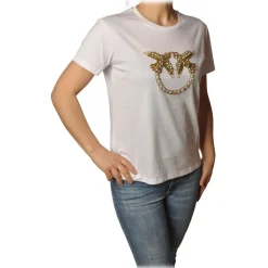 Pinko - T-shirt Quentin1 with Swallows Logo in Rhinestones - White - T-shirt - Made in Italy - Luxury Exclusive Collection - Avvenice