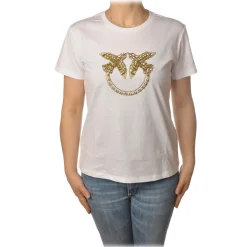 Pinko - T-shirt Quentin1 with Swallows Logo in Rhinestones - White - T-shirt - Made in Italy - Luxury Exclusive Collection - Avvenice