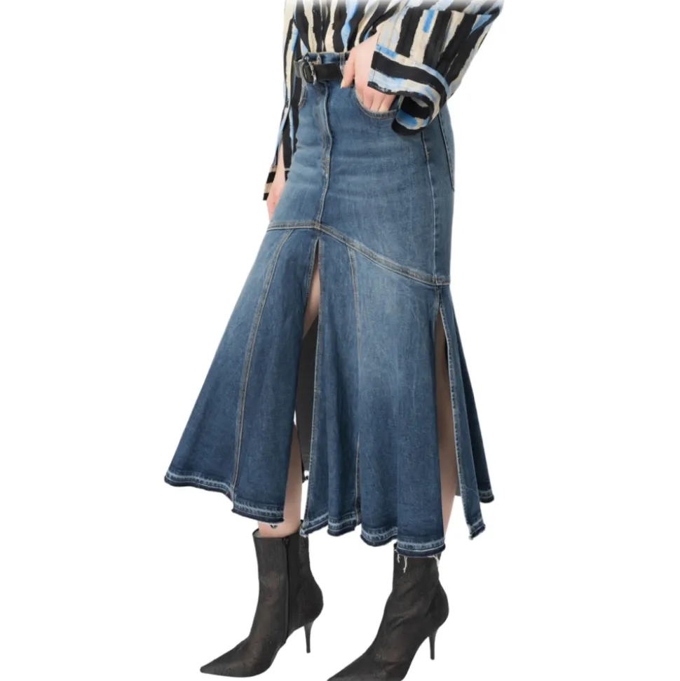 Pinko - Vintage Effect Denim Midi Skirt - Blue - Skirt - Made in Italy - Luxury Exclusive Collection - Avvenice