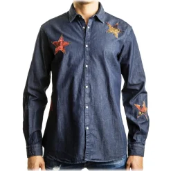 Poggianti 1985 - Denim Shirt with Patchwork Stars - Handmade in Italy - New Luxury Exclusive Collection - Avvenice