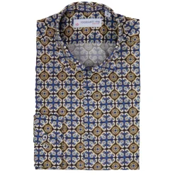 Poggianti 1985 - Light Blue / Brown Patterned Shirt with Soft Collar - Handmade in Italy - New Luxury Exclusive Collection - Avvenice