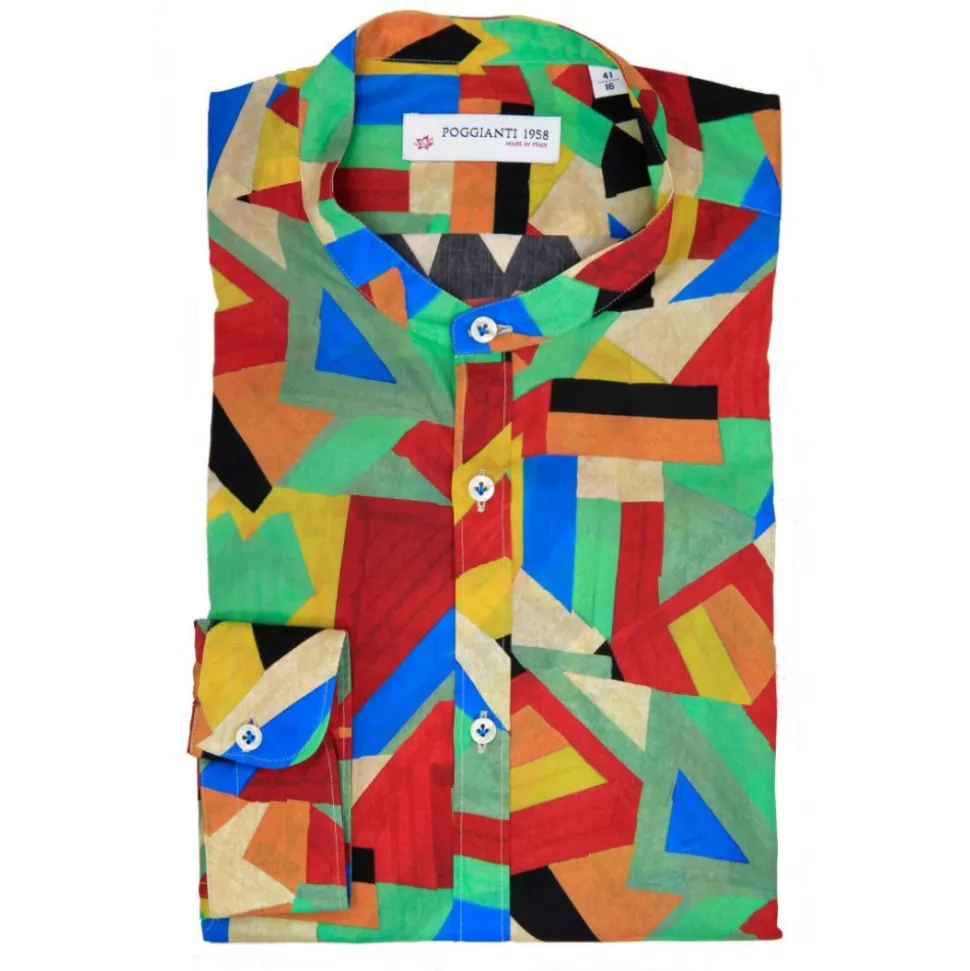 Poggianti 1985 - Multicolor Geometric Fantasy Shirt, Korean Collar - Handmade in Italy - New Luxury Exclusive Collection - Avvenice