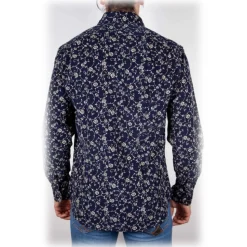 Poggianti 1985 - Patterned Shirt on Blue Stripe Italian Collar - Handmade in Italy - New Luxury Exclusive Collection - Avvenice